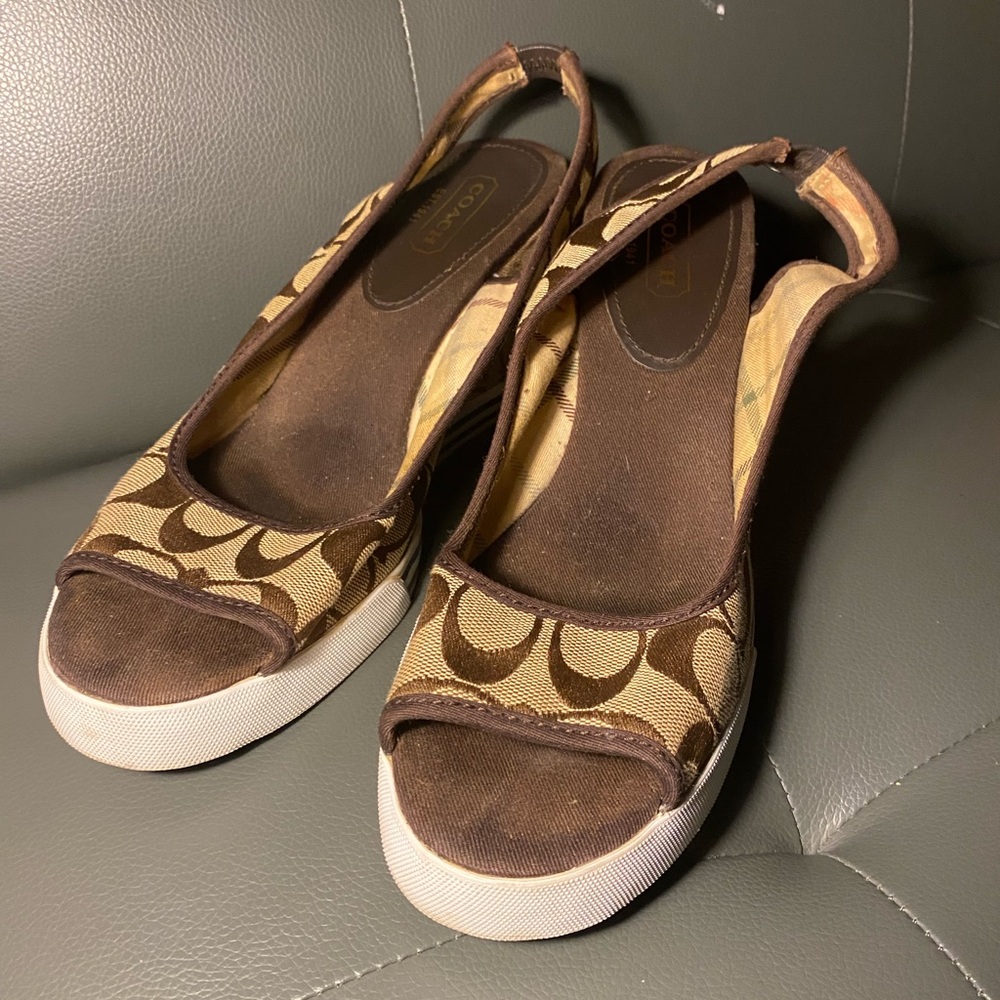 Coach Sydney Signature Wedge Sandals Brown Canvas Women’s US 9M